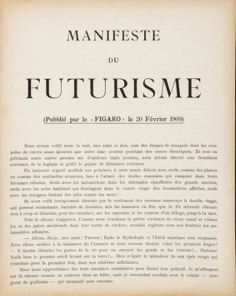 <p>Since 1909 (early 20th century)</p><ul><li><p>Italy</p></li><li><p>Modernity: speed, technology, violence</p></li><li><p>Bold colours and abstraction</p></li><li><p>Also embraced large crowds and movements</p><ul><li><p>intersection of facism and futurism</p></li></ul></li><li><p>Manifestoes, ex. Futurist Manifesto (1909) by Filippo Tommaso Marinetti</p><ul><li><p>rejection of tradition (museums, libraries, etc.)</p></li><li><p>Embrace of technology, violence, and masculinity </p></li></ul></li><li><p>Another example: Aeropittura (Aeropainting)</p><ul><li><p>Romanticization/celebration of war; darker sides of modernity</p></li></ul></li></ul><p></p>