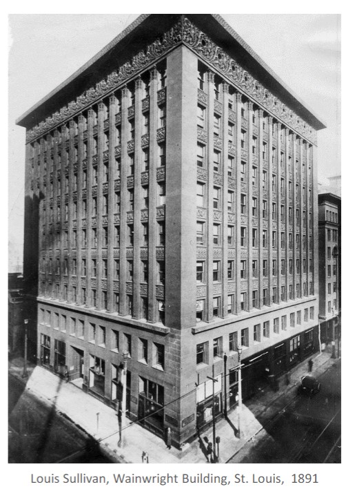 writes the first theoretical piece on tall-buildings – “The Tall 
Office Building Artistically Considered” (1896) – Forms follows function.
configuration reminiscent of a classical column
Form ever follows function.
Organic: evolutionist ornament
Function leads to form organically and evolutionistically

built wainwright building