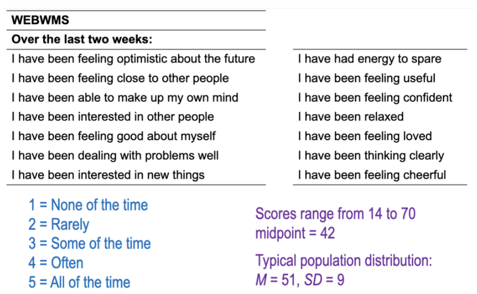<ul><li><p>Example of uni-dimensional wellbeing</p></li><li><p>WEBMWBS is asking you to specifically reflect on the past two weeks (compared to PERMA and Ryff which were more general) for hedonic and eudemonic qualities.</p><ul><li><p>not grounded in any specific theory, so while it might be reliable, there are questions about the validity</p></li></ul></li></ul>