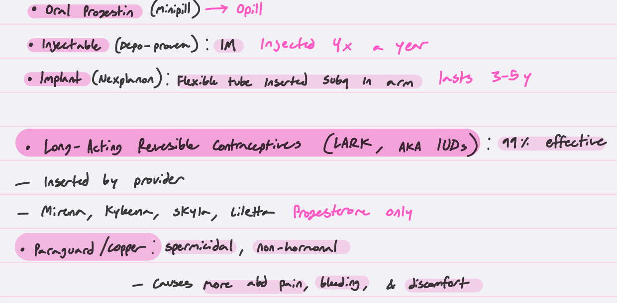 <p>used if estrogen-progestin is contraindicated&nbsp;</p><p>includes LARCs/IUDs (99% effective)</p>