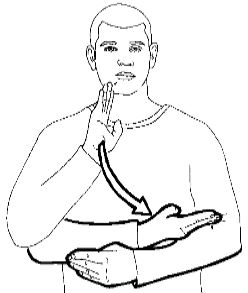 <p>Touch your chin with the middle of your flattened hand then bring it down to touch the crook of your other arm</p>