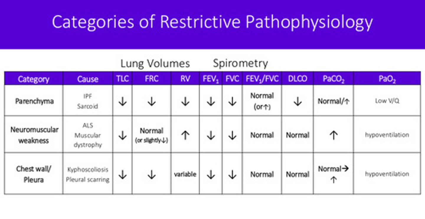 <p>low TLC, low FRC, low RV, low DLCO</p>
