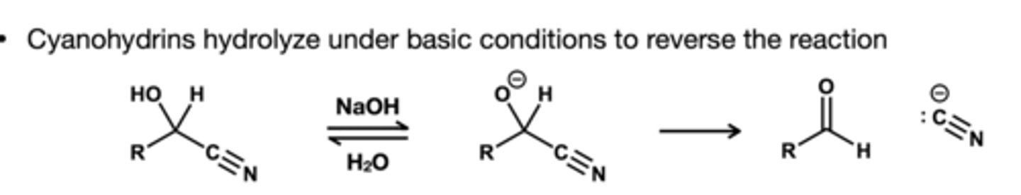 <p>reagnet: NaOH, H2O. this turns cyanohydrins back to their aldehyde or ketones</p>