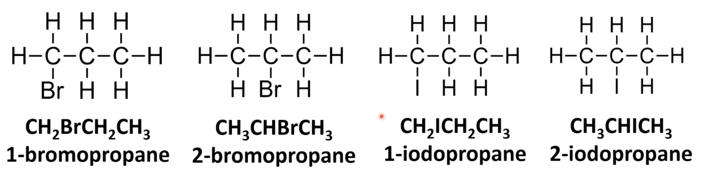 <p>Identify longest carbon chain with halogen. </p><p>Use halogen prefix + alkane name. </p><p>Number chain to give halogen lowest possible number.</p>