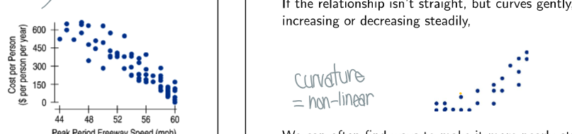 <p>Linear: If there is a straight line relationship</p><p>Non-linear: if there is curvature</p>