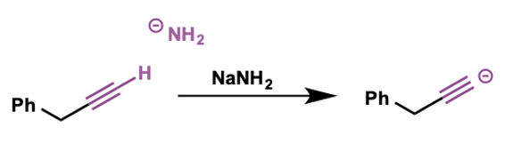 <p>treat alkyne group with strong base such as NaNH<sub>2</sub> </p>