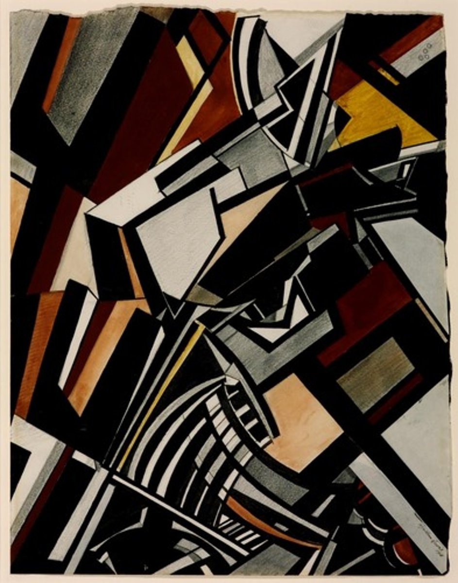 <p>vorticism<br>- co founder of the vorticist movement<br>- bold geometry<br>- dramatic color palette<br>- figurative abstraction<br>- psychological depth<br>- influence of technology (impact of industrialization)<br>- dynamic composition (rhythm that invites viewers to engage with the artwork actively)<br>- integrated literary themes</p>
