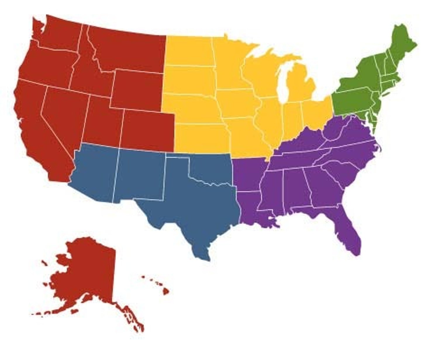 <p>Noncontinguous, Pacific, Rocky Mountains, Southwest, Midwest, Southeast, and Northeast</p>