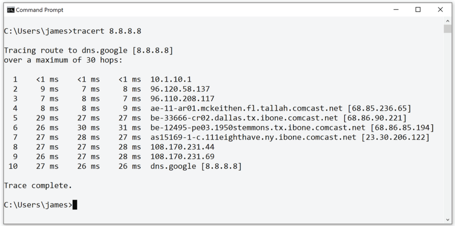 <p>The tracert (traceroute) command will display a list of all network hops between two devices. If a route is down, the tracert output will show the last hop before the faulty link.</p><p></p>