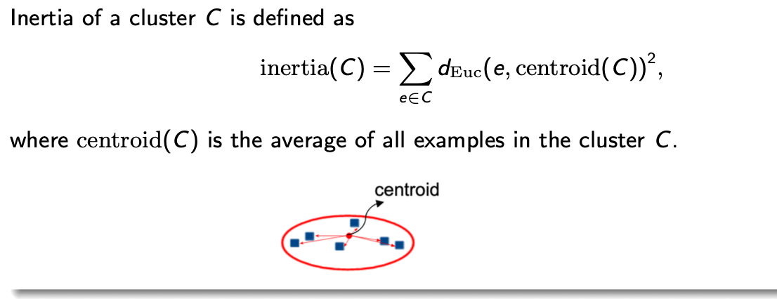<p>like a ruler to see how close or similar things are within a cluster</p><p></p><p>inertia of a cluster c is defined as</p><p></p><p>inertia(c) = <strong>Σ</strong>e <strong>∈ </strong>c  d<sub>euc</sub> (e, centroid(c))²</p><p>where centroid (c) is the average of all examples in the cluster c</p><p></p><p>inertia determines how compact the cluster is. Smaller the inertia, more similar the examples are within the cluster</p>