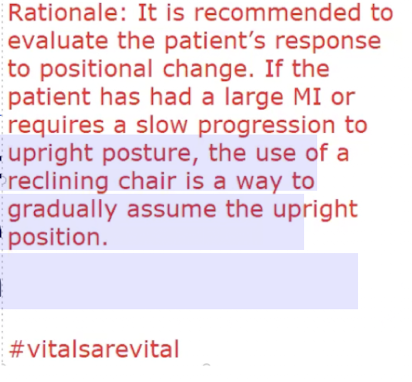 <p>C. Make the patient sit on reclining chair and check vitals</p>