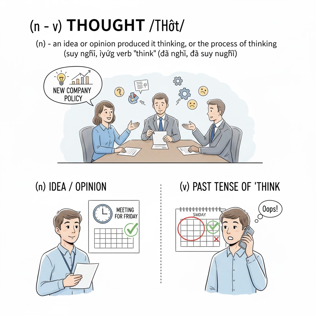 <p>(n) -&nbsp;</p><ul><li><p><strong>an idea or opinion produced by thinking, or the process of thinking</strong> (suy nghĩ, ý tưởng, sự suy nghĩ)</p></li></ul><p>(v) -&nbsp;</p><ul><li><p><strong>past tense and past participle of the verb 'think'</strong> (đã nghĩ, đã suy nghĩ)</p></li></ul><p></p>