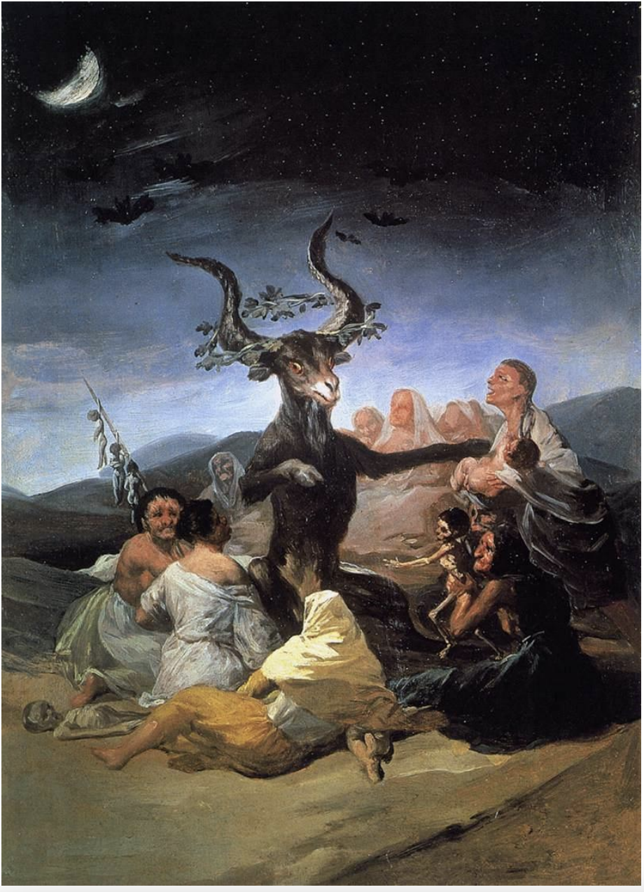 <ul><li><p><span><strong>Key Features</strong>:<br><br></span></p><ul><li><p><span>Depicts a scene of witches in a nightmarish gathering around a demonic figure, often interpreted as the "Great He-Goat" or Satan.<br><br></span></p></li><li><p><span>Goya uses dark, ominous colors and unsettling imagery to create a sense of dread and chaos.<br><br></span></p></li><li><p><span>The subject matter likely references the superstition and fear surrounding witchcraft during Goya’s time.<br><br></span></p></li></ul></li></ul><p><span><strong>Memorable Fact</strong>: It is part of Goya’s "Black Paintings" series, which reflects his personal disillusionment and the darkness of his later years.<br></span></p>
