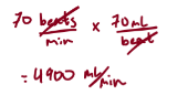 Cardiac output: Volume of blood ejected by *each* ventricle per minute

→Again, both ventricles eject the same volume of blood

\
**Cardiac output** (CO) - **To determine how much blood the heart is pumping per minute we use the heart rate and/or stroke volume**

heart rate × stroke volume = 70 beats/min × 70 ml/beat = **4900 ml/min** **or 5 litres/min (at rest)** \\n

\
To change cardiac output we must increase/decrease either heart rate or stroke volume (or both)