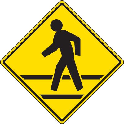These signs direct drivers to watch for pedestrians. Slow down and be prepared to stop for pedestrians. Yield the right of way to pedestrians.