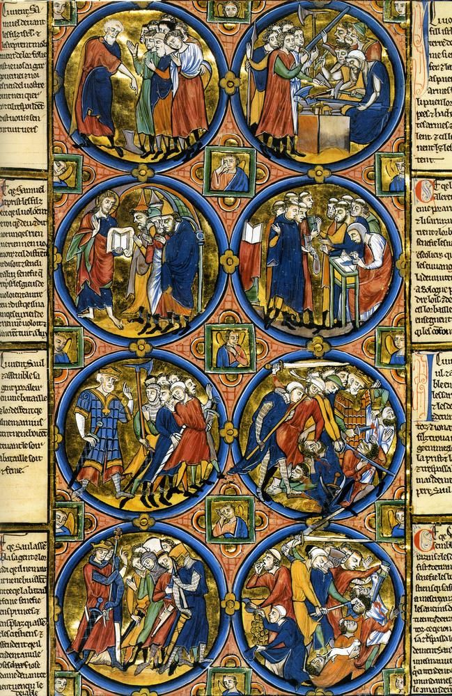 <p>Dedication Page with Blanche of Castle and King Louis IX of France, Scenes from the Apocolypse from Bibles moralisées.</p><ul><li><p>Gothic Europe.</p></li><li><p>c. 1225-1245 C.E.</p></li><li><p>Illuminated manuscript</p></li></ul><p>This 13th century illumination, both dazzling and edifying, represents the cutting edge of lavishness in a society that embraced conspicuous consumption. As a pedagogical tool, perhaps it played no small part in helping Louis IX achieve the status of sainthood, awarded by Pope Bonifiace VIII 27 years after the king&apos;s death.</p>