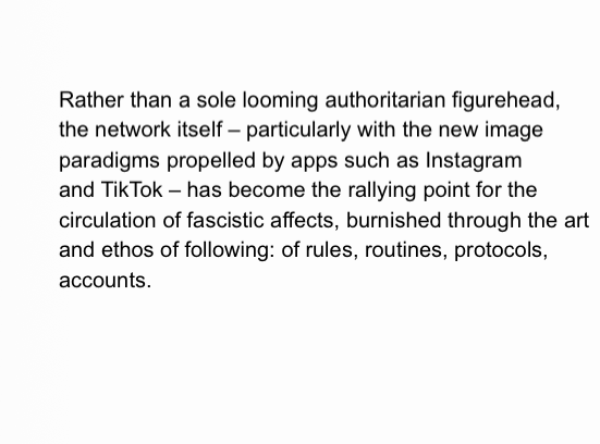 <ul><li><p><span><span>‘The network itself… has become the rallying point for the circulation of fascistic</span></span></p></li></ul><ul><li><p><span><span>The images are connected by a broader network: intent is to circulate</span></span></p></li><li><p><span><span>Hawley: trolling and the political right | trolling for a purpose</span></span></p></li></ul><p></p>