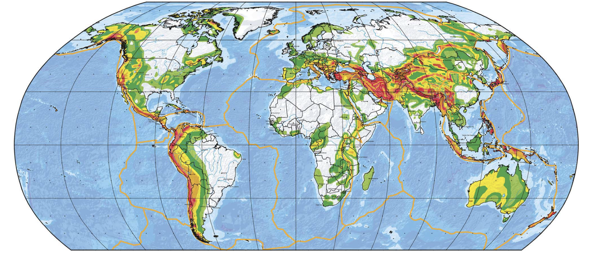 <p>The map below shows the global seismic hazard map, where red colors indicate the regions most likely to experience strong ground shaking from an earthquake. According to this map, which type of plate boundaries are typically associated with the greatest seismic hazard?</p>