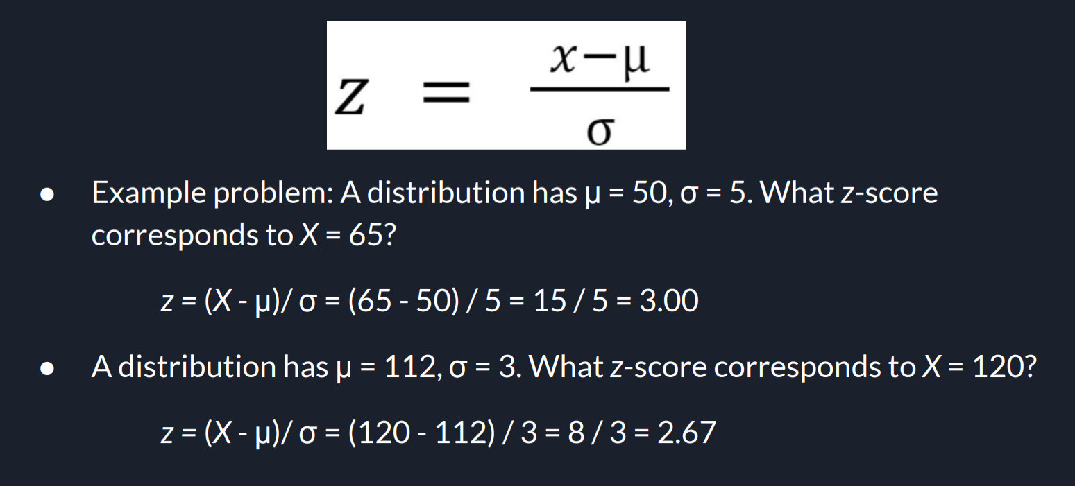 <ol><li><p>take your X-Value (X) and subtract by your Mean Population (<span style="font-family: &quot;Google Sans&quot;, Roboto, Arial, sans-serif; font-size: 1.15em; color: rgb(238, 240, 255);">μ)</span></p></li><li><p>Then divide by your Population Standard Deviation (σ)</p></li><li><p>You now calculated your z-Score!</p></li></ol><p></p>