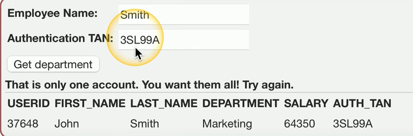 <p>In this example of SQL injection, the application normally takes two pieces of information: an employee name (e.g., Smith) and a transaction authentication number (e.g., 3SL99A).</p><ul><li><p class="has-focus">This query would return the department information for the employee Smith with the provided transaction number.</p></li></ul><p></p><p class="has-focus is-empty">Now, if an attacker manipulates the input and injects the following into the transaction number field:</p><ul><li><p class="has-focus">' OR '1' = '1</p><p class="has-focus"></p></li></ul><p class="has-focus is-empty">The injected part, ' OR '1' = '1, makes the OR '1' = '1' condition always true, which means the database will return all records for the employees table, bypassing the intended query restrictions. As a result, the attacker can view all the information in the database, not just the record for Smith with the specified transaction number.</p><img src="https://knowt-user-attachments.s3.amazonaws.com/09f2b529-3ae1-4f61-bef9-8c9a1206ffda.png" data-width="100%" data-align="center"><p></p>