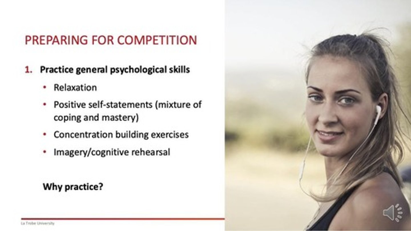 <p>Self-talk, mindfulness, and relaxation exercises.</p>