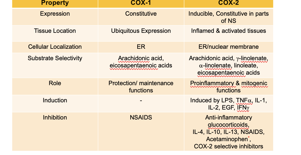 <p>expression</p><ul><li><p>COX1 → constitutive (continually expressed under normal conditions)</p></li><li><p>COX2 → inducible, constitutive in parts of NS</p></li></ul><p>tissue location</p><ul><li><p>COX1 → ubiquitous expression (everywhere)</p></li><li><p>COX2 → inflamed + activated tissues</p></li></ul><p>cellular localization</p><ul><li><p>COX1 → ER</p></li><li><p>COX2 → ER/nuclear membrane</p></li></ul><p>substrate selectivity</p><ul><li><p>COX1 → arachidonic acid, eicosapentaenoic acids</p></li><li><p>COX2 → arachidonic acid, g-linolenate,a-linolenate-linoleate, eicosapentaenoic acid</p></li></ul><p>role</p><ul><li><p>COX1 → protection/maintenance functions</p></li><li><p>COX2 → pro-inflammatory + mitogenic functions (undergo mitosis)</p></li></ul><p>induction</p><ul><li><p>COX1 → N/A</p></li><li><p>COX2 → induced by LPS, TNFa, IL-1, IL-2, EGF, IFNg</p></li></ul><p>inhibition</p><ul><li><p>COX1 → NSAIDs</p></li><li><p>COX2 → anti-inflammatory glucocorticoids, IL-4, IL-10, IL-13, NSAIDS, acetaminophen, COX-2 selective inhibitors</p><ul><li><p>acetaminophen does NOT directly inhibit COX-2. its a co-substrate so it shunts away some of the ability of COX2 to make eicosanoids<br></p></li></ul></li></ul><p></p>