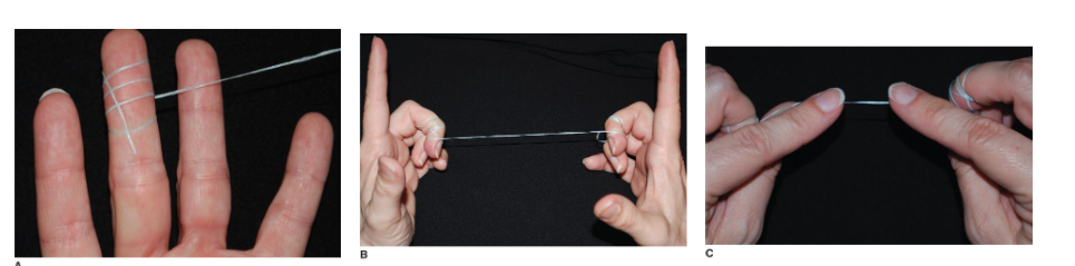 <p>floss wrapped around middle fingers</p><p>floss pulled tight, leaving thumbs and index fingers free</p><p>index fingers placed ¾ to 1 apart </p>