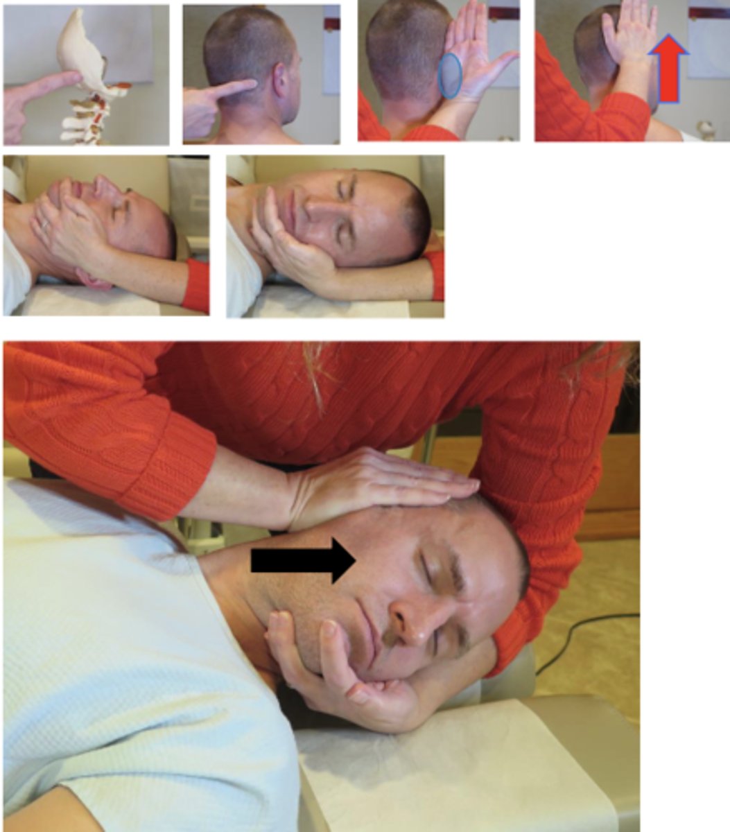 <p>• PP: Supine, doctor supporting the patients head off the end of the table, patients had turned away from the side of contact, in neutral position, permission to contact the neck, identify how you found the segment</p><p>• DP: Standing at the head of the table, facing cephalad, on the side of adjustive contact, in a lower fencer stance, weight shifted toward the superior leg, apply pre-adjustive long axis distraction by leaning bodyweight headward, tissue slack I-S</p><p>• CH: Hypothenar of caudal hand, contacting inferior edge of occiput medial to the mastoid, fingers pointing vertically and resting on the skull</p><p>• IH: Fingers wrap around the patient's chin while forearm supports the patient's head</p><p>• VEC: I-S (think inducing long-axis distraction)</p><p>*minimize rotational tension on the upper cervical spine</p>