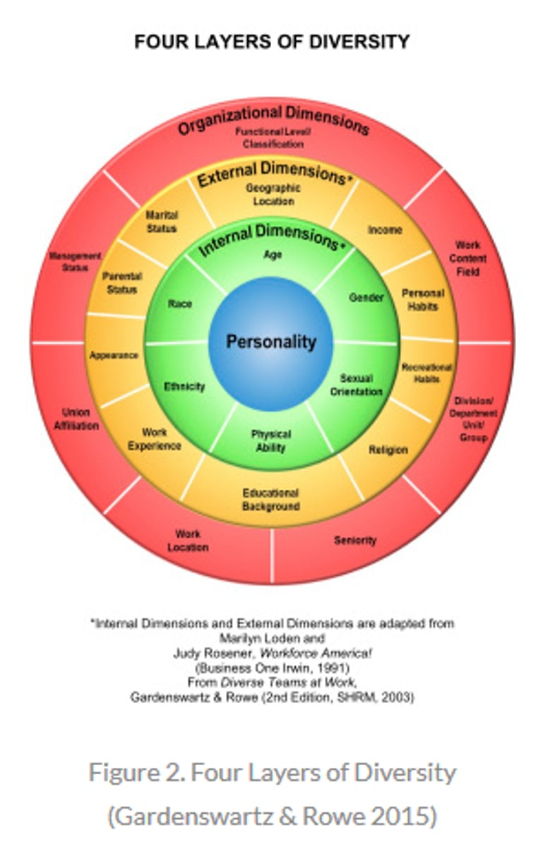 <p>- Personality is at the core; its a key source of identity</p><p>- Internal dimensions ("surface level characteristics") are quickly obvious to outsiders and relatively unchangeable</p><p>- External dimensions and Organizational Dimensions ("deep level characteristics") take time to emerge through attitudes, values, etc.</p><p>- The more peripheral, the more likely to be changeable</p>