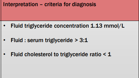 <p>Effusion is high in triglyceride &amp; low in cholesterol</p><p>Biochemical test on effusion &amp; blood </p><p>• Triglycerides </p><p>• Cholesterol</p>