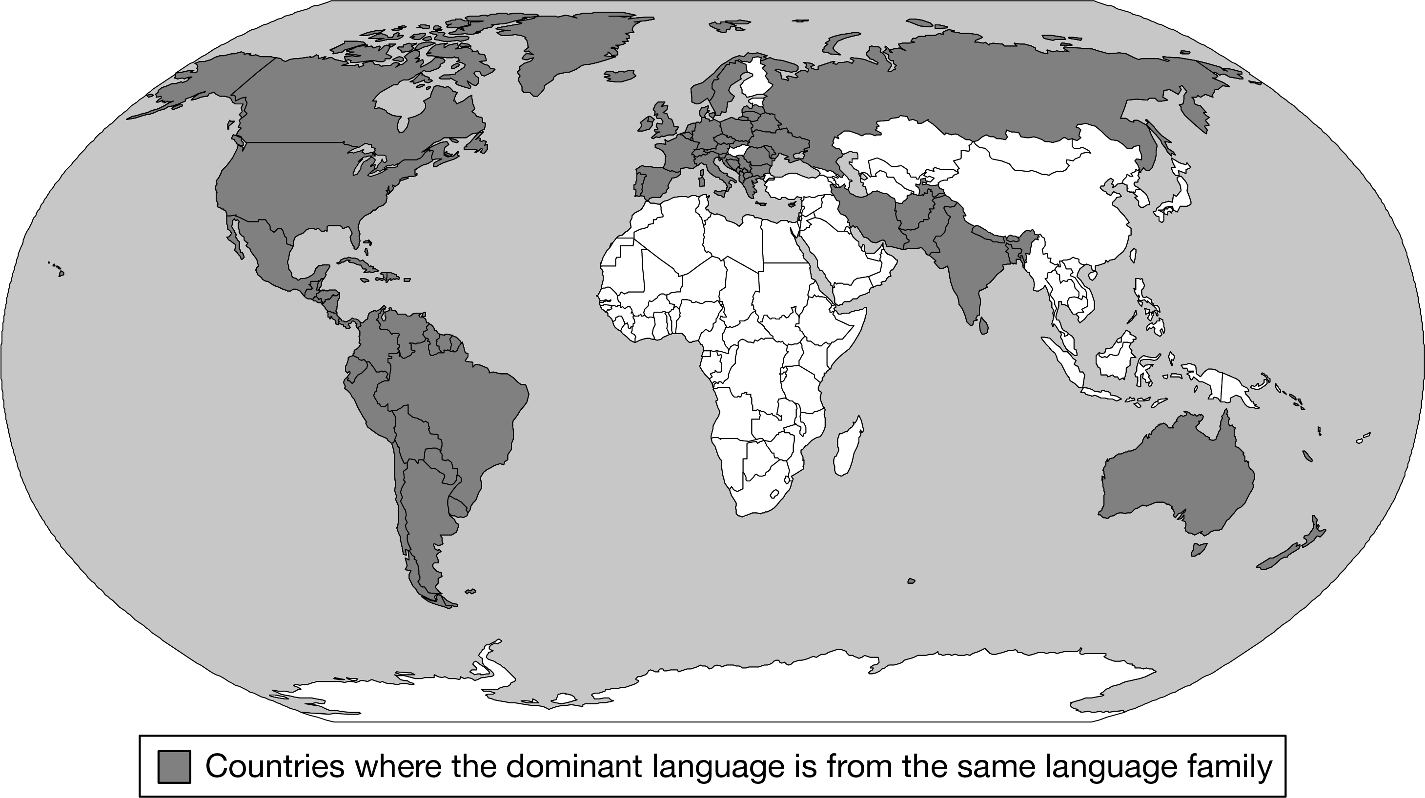 <p><span><span>The map shows the distribution of the language family that has the largest number of speakers in the world. Which statement correctly identifies the language family shown and the method of diffusion that best explains the pattern?</span></span></p>