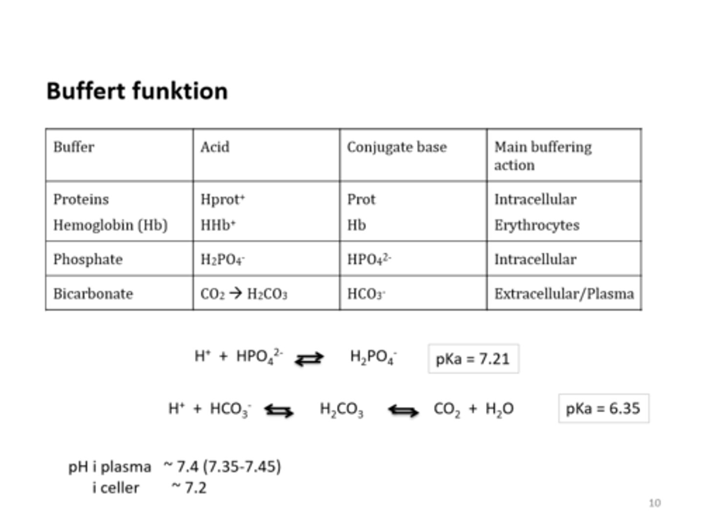 <p>o <strong>Kolsyra/bikarbonatsystemet</strong> där [HCO3- ] ökar kraftigt vid stimulerad saliv</p><p>HCO3- + H+ ↔ H2CO3 ↔ H2O + CO2</p><p>o <strong>Fosfatsystemet</strong> som är viktigast i ostimulerad saliv</p><p>HPO42- + H+ ↔ H2PO4-</p><p></p><p>Proteiner kan också agera buffert genom att binda vätejoner vid mycket låga pH</p><p></p><p>Urea från blodet kan också agera buffrande genom att brytas ned av ureolys till ammoniak</p>