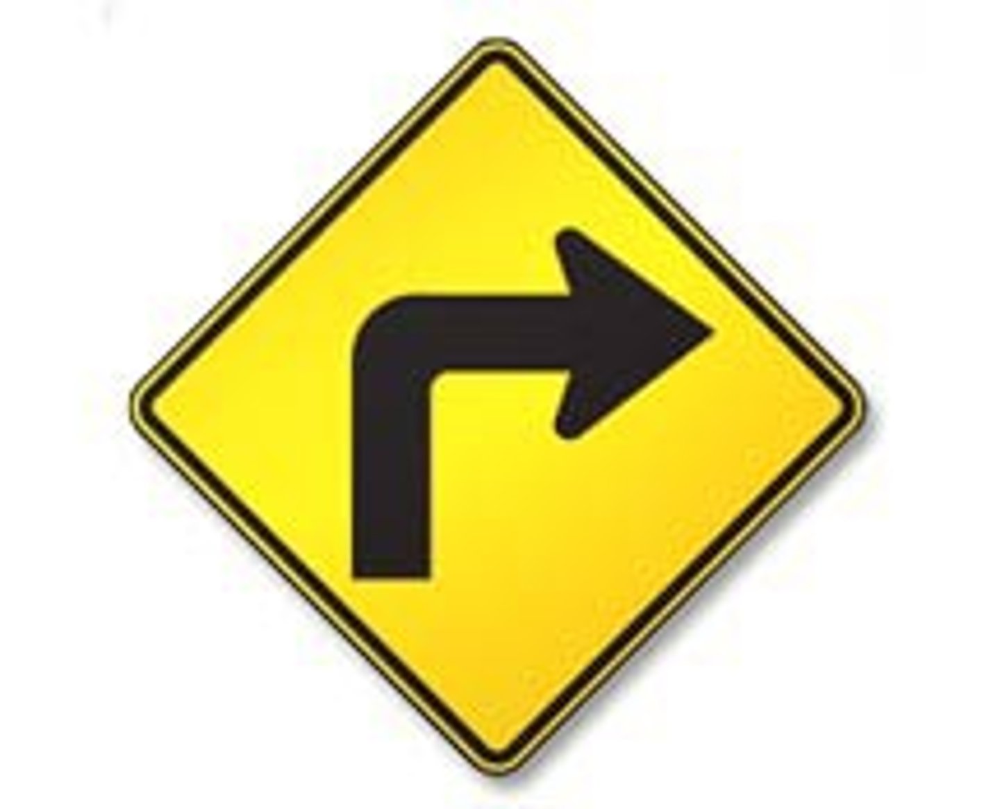 <p>The road will make a sharp turn to the right. Slow your speed, keep to the right, and do not pass other vehicles.</p>