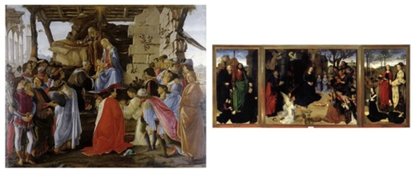 <p>Botticelli, the artist of the work on the left, also painted which of the following?</p><p>A</p><p>Primavera</p><p>B</p><p>Sacred and Profane Love</p><p>C</p><p>Hercules and Antaeus</p><p>D</p><p>Wedding Portrait (Giovanni Arnolfini and His Bride)</p>