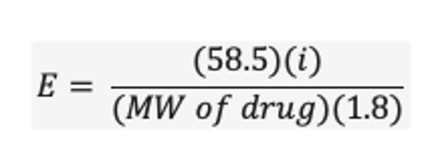 <p>E = [58.5 x i] / [MW of drug x 1.8]</p>
