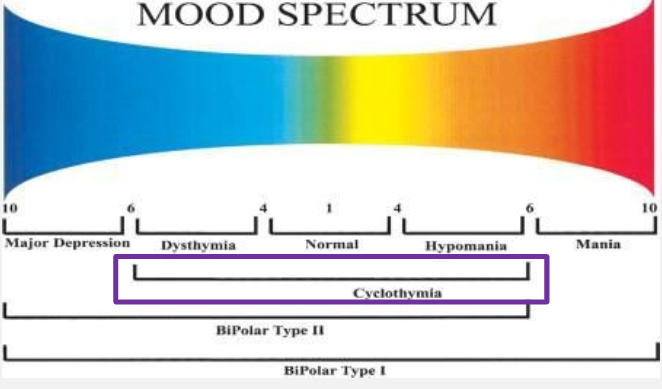 <p>milder, long-term version of bipolar disorder</p><p>hypomanic and depressive symptoms with patterns that last at least 2 years (1 year for children).&nbsp;</p><ul><li><p><span>Frequent hypomanic &amp; depressive symptoms, but not severe enough for Bipolar I/II or MDD</span></p></li><li><p><span>Combination of persistent depressive disorder and hypomania&nbsp;</span></p></li></ul><p></p>