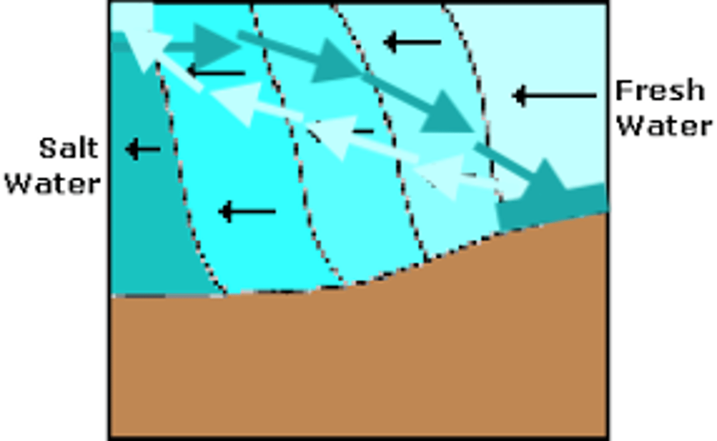 <p>occurs in estuaries at high tide; dense seawater at the surface moves upstream faster than lighter freshwater at the bottom, the seawater sinks causing mixing</p>