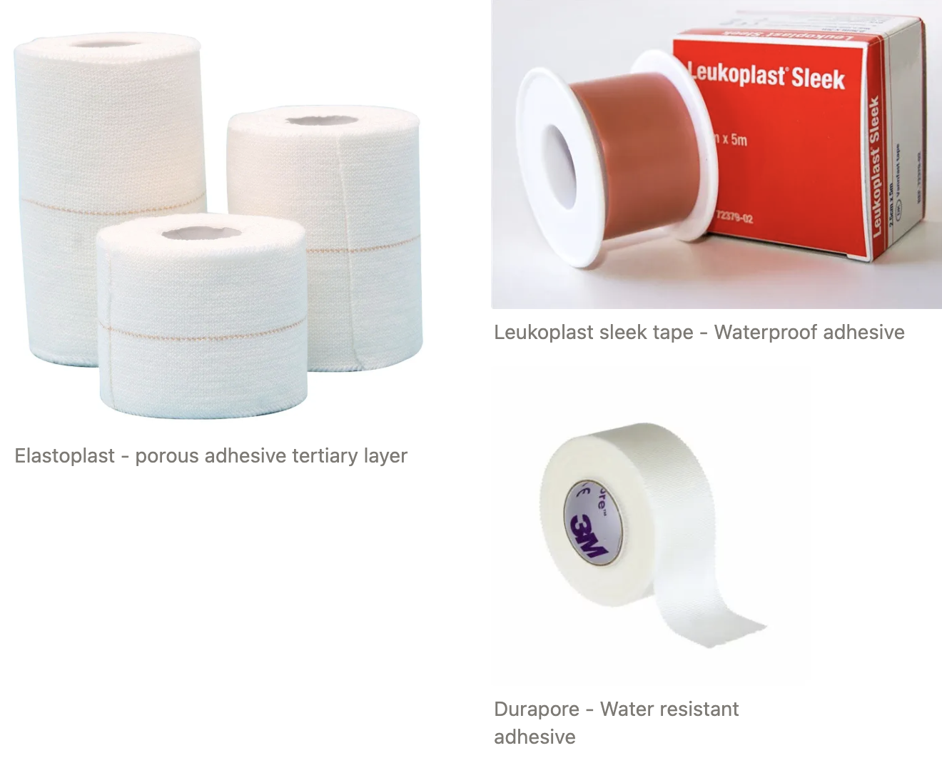 <ol><li><p><strong>POROUS</strong></p><ul><li><p><u>Examples:</u> Elastoplast (adhesive) and vetrap (self-adhesive)</p></li><li><p><u>Function:</u> Evaporate fluid to create drier wound environment</p></li><li><p><u>Indication:</u> Wet wounds and pressure application for minor haemorrhage, dead space obliteration and reduce passive oedema</p></li><li><p><u>Application:</u></p><ol><li><p>Change if strike through occurs</p></li><li><p>Do NOT apply too tight</p></li><li><p>Expose 3rd and 4th digits to monitor for circulation and sensation</p></li></ol></li></ul></li><li><p><strong>WATERPROOF</strong></p><ul><li><p><u>Examples:</u> Sleek tape ad durapore</p></li><li><p><u>Function:</u> Occlusive bandage to protect wound from environment</p></li><li><p><u>Indication:</u> Dry wounds or at the distal aspect of the bandage which contacts the ground</p></li><li><p><u>Application:</u> Do NOT use for effusive wounds → tissue maceration and bacterial infection</p></li></ul></li></ol><p></p>