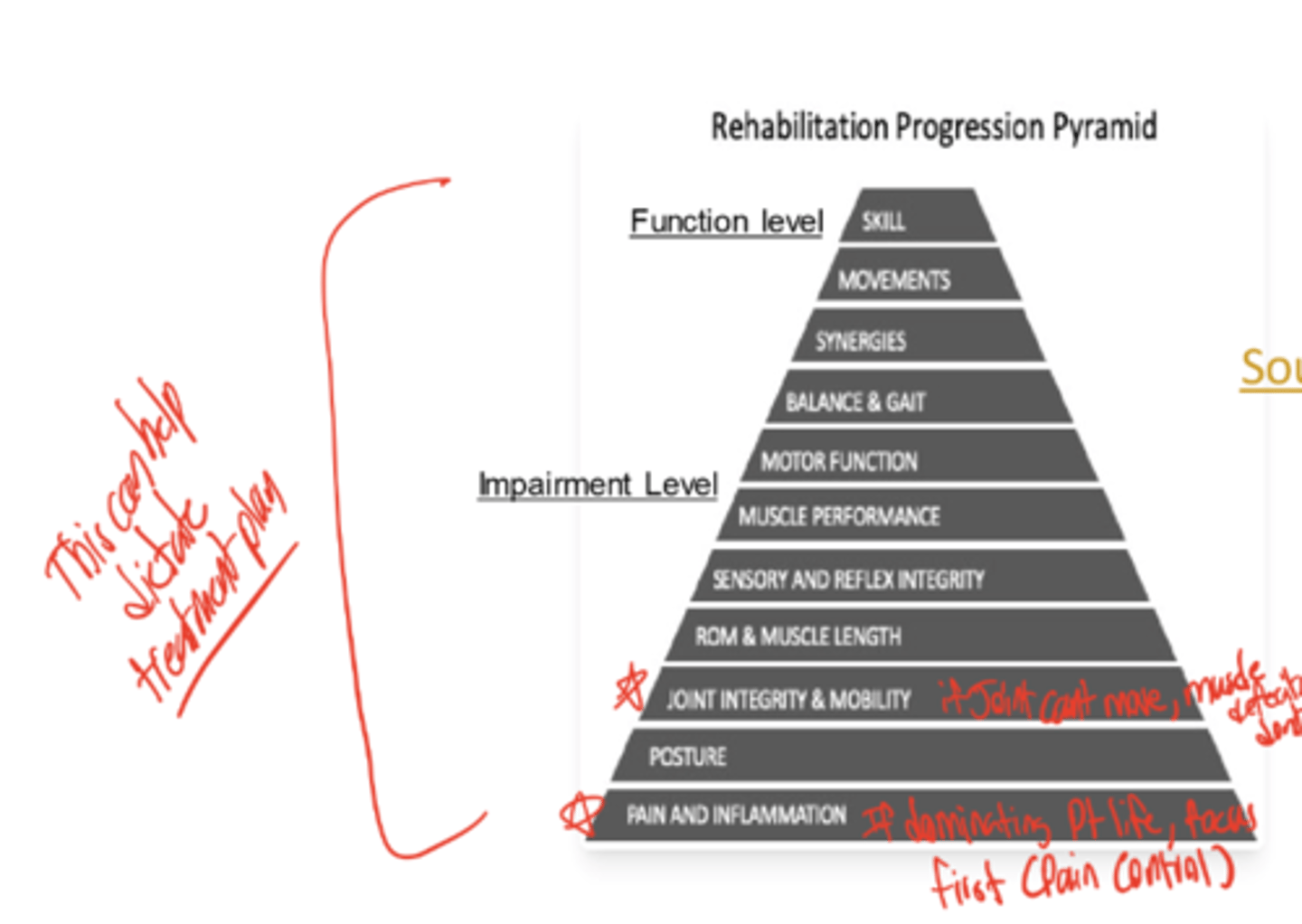 <p>Function Level (Skill --&gt; Movements --&gt; Synergies --&gt; Balance and Gait --&gt; Motor Function)</p><p>Impairment Level (Muscle Performance --&gt; Sensory and Reflex integrity --&gt; ROM and Muscle Length --&gt; Joint Integrity and Mobility --&gt; Posture --&gt; Pain and inflammation)</p>