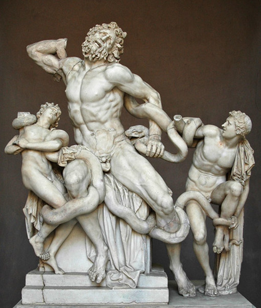 <p>175-50 BC</p><p>made at Rhoades, Laocoon warned against the Trojan horse and Poseidon sends sea monsters, supposed to be dramatic, scale/proportions are wrong (Laocoon vs. sons, and sons bodily looking like men)</p>
