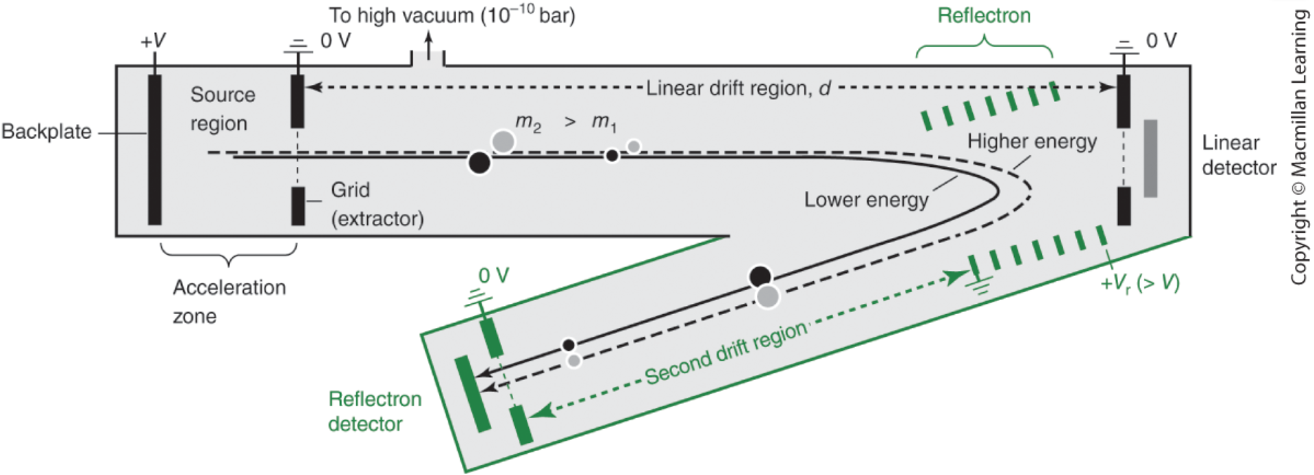 <p>time of flight mass separator </p><p>why is tube bent?</p><p>how does the reflection detector improve resolution?</p>