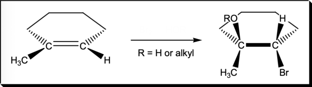<p>Markovnikov addition of Br and OR to an Alkene</p>