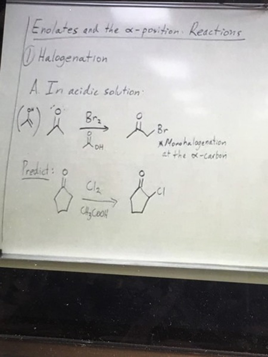 <p>Radical substitution of R(3)C-H + X(2) -> R(3)X + H-X</p><p>Requires light/heat</p><p>Regiospecific: Br at more sub'd sites, Cl at less sub'd sites</p><p>Stereospecific: n/a, flat C radicals</p>