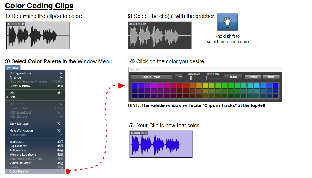 <ul><li><p>allows you to color code clips to your liking for further organization</p></li><li><p>You can use these colors as an additional visual indicator on large sessions to differentiate between<br>various type of clips 'at a glance</p></li></ul><p></p>