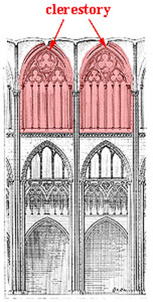 <p>An upper level of a wall, often above side aisles or at the base of a dome, pierced with windows that admit light into the central interior space.</p>