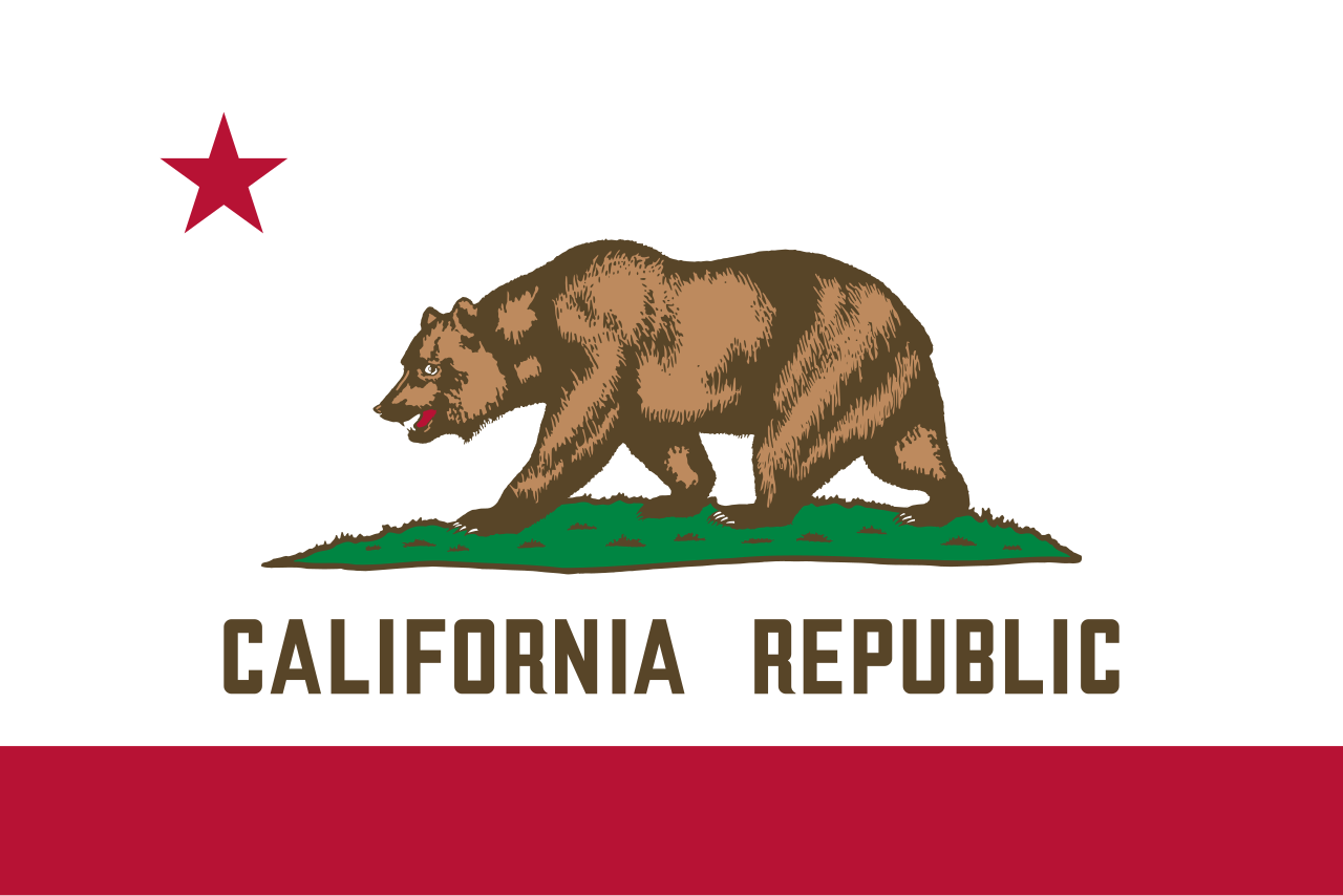 <p>White background with red horizontal line running down the bottom. Bear, lone red star. CALIFORNIA REPUBLIC.</p>