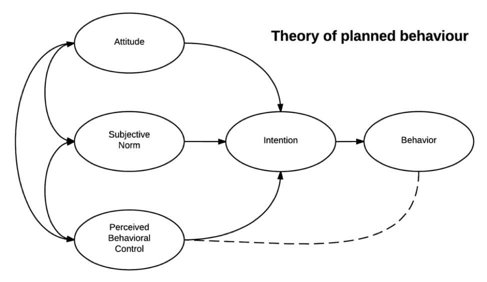 <ul><li><p>behaviours and actions are more likely when individuals internalize the following: </p><ul><li><p>attitude = action is likely to be useful or effective </p></li><li><p>subjective norms = important others (peers, family) believe the action is proper, valued, and expected </p></li><li><p>perceived behavioural control = a sense of self-efficacy </p><ul><li><p>i.e. the belief that one can skilfully engage in the action</p></li></ul></li></ul></li></ul><p></p>