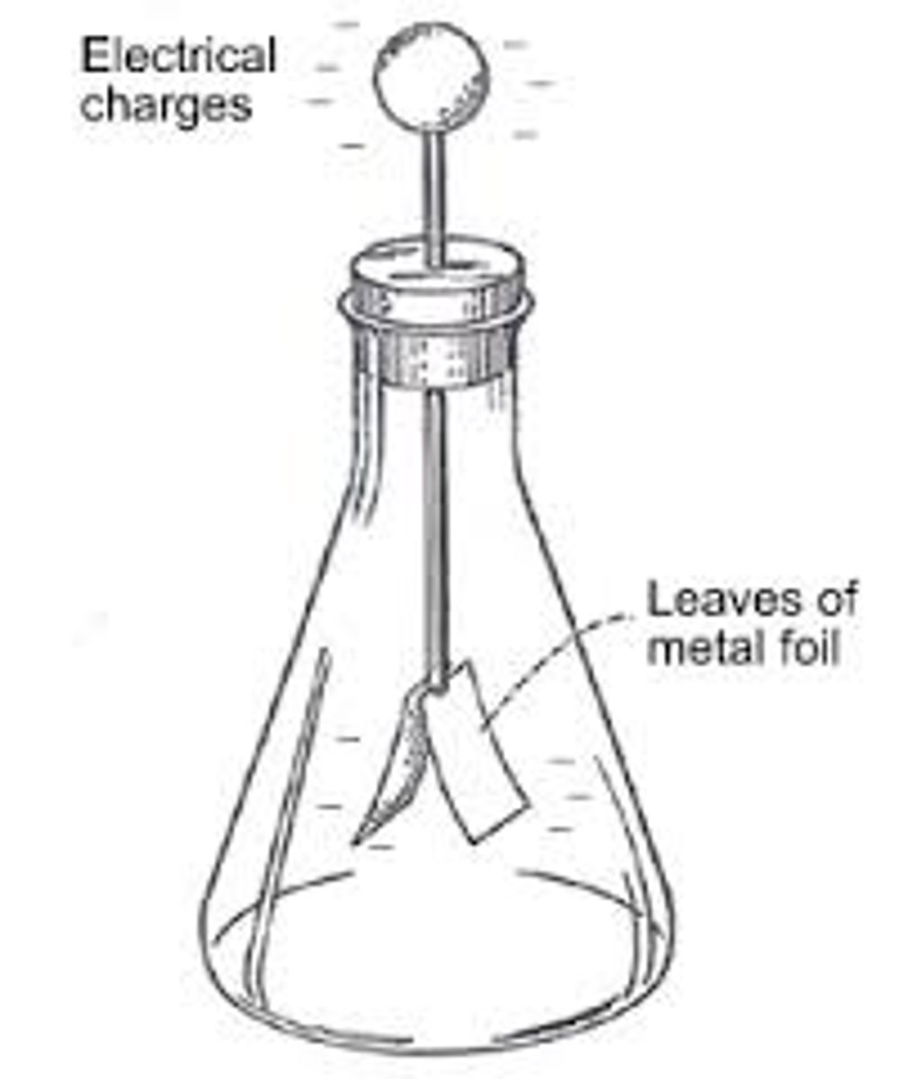 <p>an instrument for detecting and measuring electricity.</p><p>A simple device that illustrates the laws of electrostatics. It consists of a rod connected to a pair of thin, easily charged metallic leaves, which are protected from air currents by a glass flask.</p>