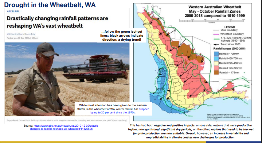<ul><li><p>Rainfall dropped by 20% since the 1970s.</p></li><li><p>Negative impacts: crop failures, mental health strain.</p></li><li><p>Some wetter areas became newly productive → uneven regional effects</p></li></ul><p></p>