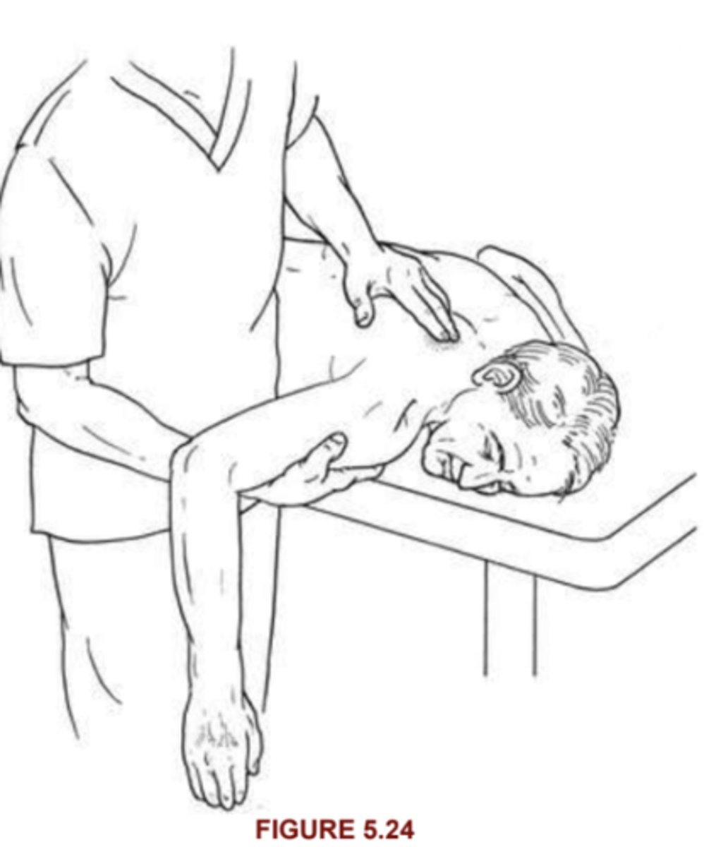 <p>serratus manterior, pec minor (up/low trap)</p><p>Position: </p><p>Instruction: </p><p>2/5: </p><p>1/5: </p><p>0/5: </p>